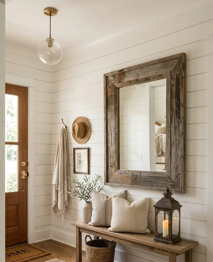 Rustic farmhouse entryway gallery wall featuring layered vintage frames, botanical prints, wooden signs and antique objects, reclaimed wood console, natural greenery, warm cream wall, detailed realistic interior photography.